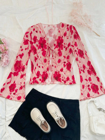Vacation Large Floral Pleated Tie Front Bow Puff Sleeve Ruffle Hem Casual Loose Blouse,Long Sleeve Top,