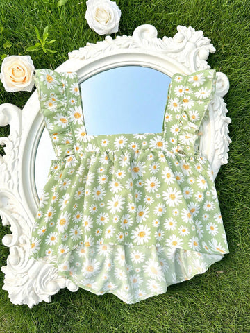 Women's Vacation Leisure Daisy Print Ruffle Trim Tie Front Shirt