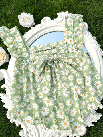 Women's Vacation Leisure Daisy Print Ruffle Trim Tie Front Shirt