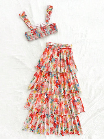 Women's Vacation Oil Painting Style Two-Piece Set In Orange-Red Floral Chiffon, Perfect For Summer Parties, Lunch, Weddings, Graduations, Back-To-School Season