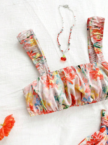 Women's Vacation Oil Painting Style Two-Piece Set In Orange-Red Floral Chiffon, Perfect For Summer Parties, Lunch, Weddings, Graduations, Back-To-School Season