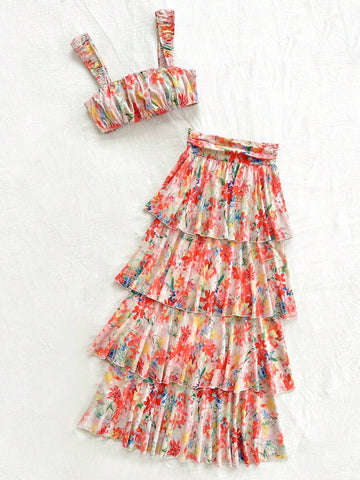 Women's Vacation Oil Painting Style Two-Piece Set In Orange-Red Floral Chiffon, Perfect For Summer Parties, Lunch, Weddings, Graduations, Back-To-School Season