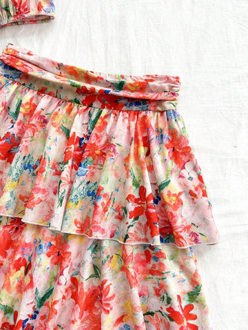 Women's Vacation Oil Painting Style Two-Piece Set In Orange-Red Floral Chiffon, Perfect For Summer Parties, Lunch, Weddings, Graduations, Back-To-School Season