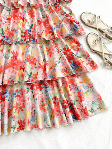 Women's Vacation Oil Painting Style Two-Piece Set In Orange-Red Floral Chiffon, Perfect For Summer Parties, Lunch, Weddings, Graduations, Back-To-School Season
