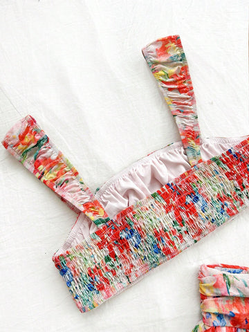 Women's Vacation Oil Painting Style Two-Piece Set In Orange-Red Floral Chiffon, Perfect For Summer Parties, Lunch, Weddings, Graduations, Back-To-School Season