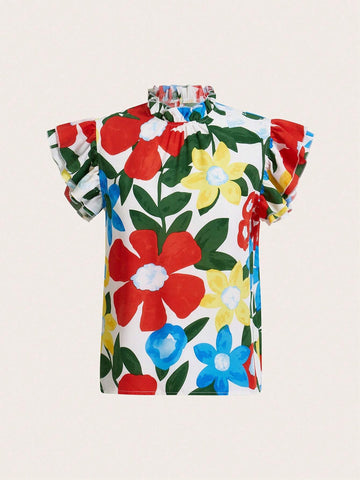 Women's Vacation Ruffle Short Sleeve Floral Printed Shirt With Stand Collar