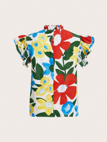 Women's Vacation Ruffle Short Sleeve Floral Printed Shirt With Stand Collar