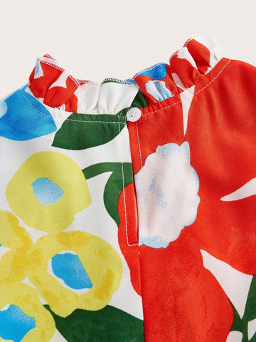 Women's Vacation Ruffle Short Sleeve Floral Printed Shirt With Stand Collar