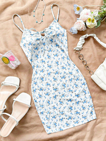 Women's Vacation Strappy Blue & White Floral Printed Sundress