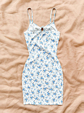 Women's Vacation Strappy Blue & White Floral Printed Sundress
