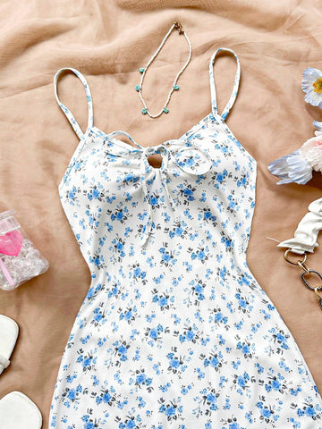 Women's Vacation Strappy Blue & White Floral Printed Sundress