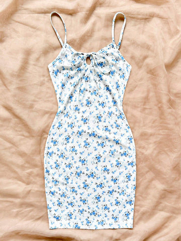 Women's Vacation Strappy Blue & White Floral Printed Sundress