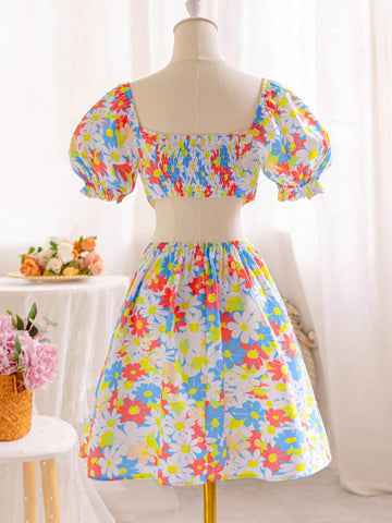 Women's Vacation Style Colorful Daisy Printed Puff Sleeve Dress With Waist Cutout, Romantic