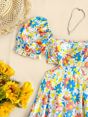 Women's Vacation Style Colorful Daisy Printed Puff Sleeve Dress With Waist Cutout, Romantic