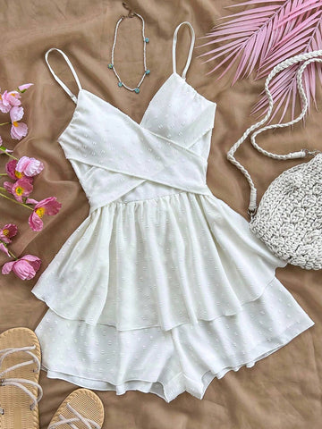 Women's Vacation Summer Casual White Cutout Floral Texture Back Tie Bow Romper With Ruffled Hem And High Waist Design