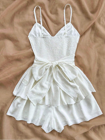 Women's Vacation Summer Casual White Cutout Floral Texture Back Tie Bow Romper With Ruffled Hem And High Waist Design