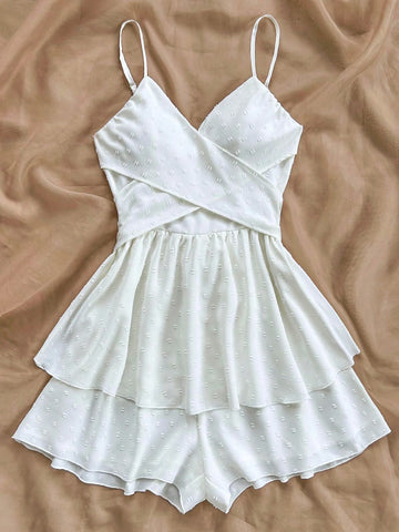Women's Vacation Summer Casual White Cutout Floral Texture Back Tie Bow Romper With Ruffled Hem And High Waist Design