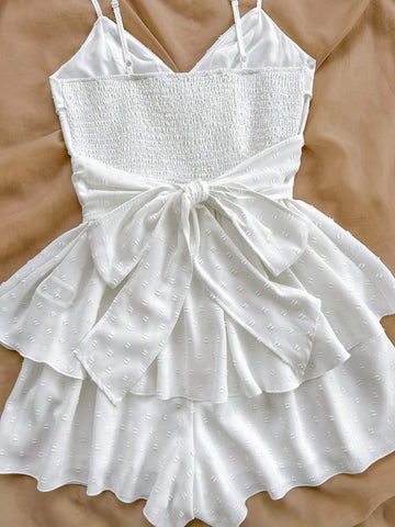 Women's Vacation Summer Casual White Cutout Floral Texture Back Tie Bow Romper With Ruffled Hem And High Waist Design