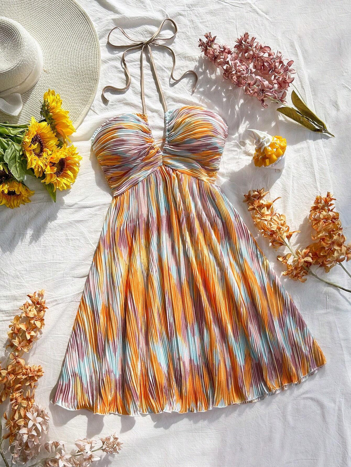 Women's Vacation Tie Dye Pleated Floral Print A-Line Halter Neck Tie Bow Mini Dress, Flowing, Se