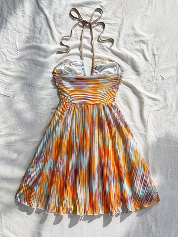 Women's Vacation Tie Dye Pleated Floral Print A-Line Halter Neck Tie Bow Mini Dress, Flowing, Se