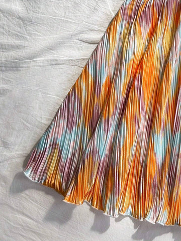 Women's Vacation Tie Dye Pleated Floral Print A-Line Halter Neck Tie Bow Mini Dress, Flowing, Se