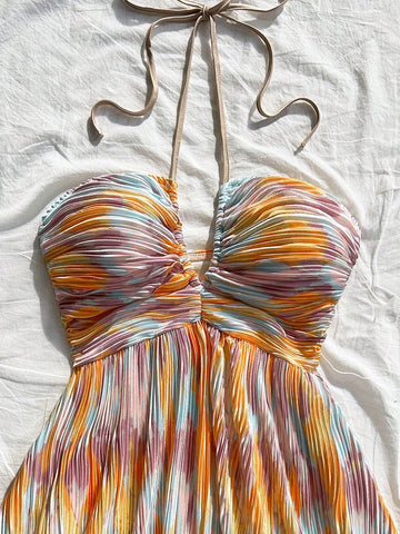 Women's Vacation Tie Dye Pleated Floral Print A-Line Halter Neck Tie Bow Mini Dress, Flowing, Se