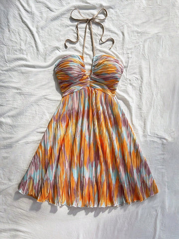 Women's Vacation Tie Dye Pleated Floral Print A-Line Halter Neck Tie Bow Mini Dress, Flowing, Se