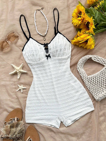 Women's Vacation White Knitted Texture Front Center Hollow Bowknot Contrast Strap Skinny Jumpsuit, Fashionable Base Layer Or Outerwear, Party