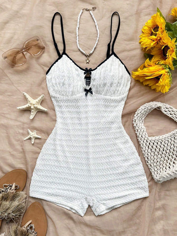 Women's Vacation White Knitted Texture Front Center Hollow Bowknot Contrast Strap Skinny Jumpsuit, Fashionable Base Layer Or Outerwear, Party