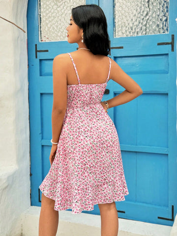Wrap Style Ruffled Hem Floral Print Spaghetti Strap Dress With Side Ties