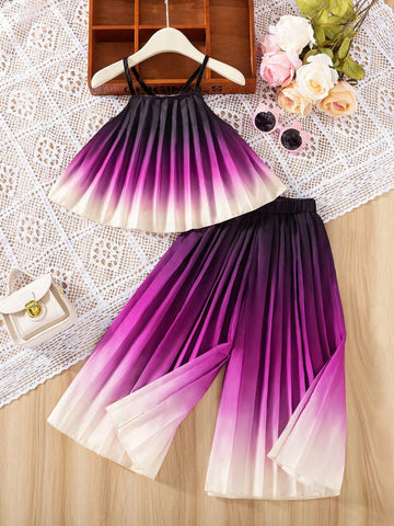 Warm Vacation Girl's Summer-To-Fall Outfit, Sweet Rainbow Colored Two-Piece Set With Tank Top And Long Pants