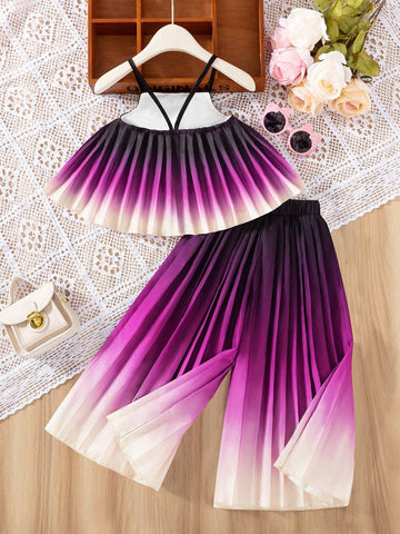 Warm Vacation Girl's Summer-To-Fall Outfit, Sweet Rainbow Colored Two-Piece Set With Tank Top And Long Pants