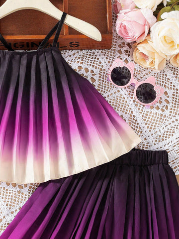 Warm Vacation Girl's Summer-To-Fall Outfit, Sweet Rainbow Colored Two-Piece Set With Tank Top And Long Pants