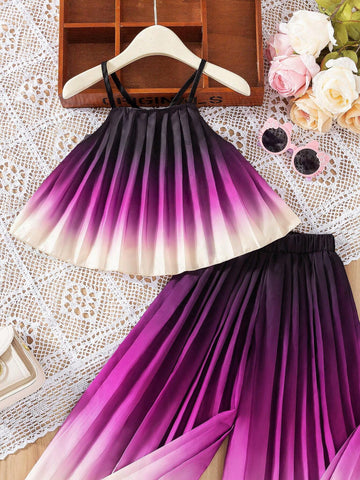 Warm Vacation Girl's Summer-To-Fall Outfit, Sweet Rainbow Colored Two-Piece Set With Tank Top And Long Pants