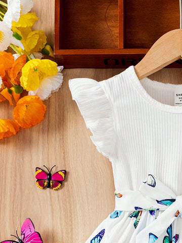 Wedding Diary Flower Girl Dress New Style Knit Ribbed Strap Top With Floral-Printed Skirt & Belt For Little Girls