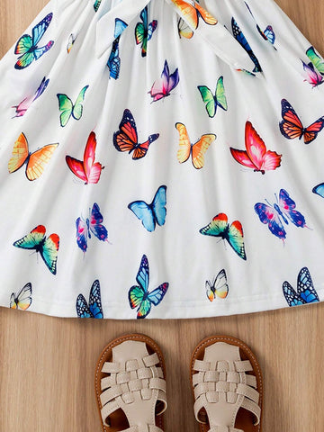 Wedding Diary Flower Girl Dress New Style Knit Ribbed Strap Top With Floral-Printed Skirt & Belt For Little Girls