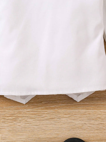 White Ruffled Bow Tie Asymmetrical Hem Casual Shirt For Young Girls, Suitable For Daily Outings In Autumn And Winter