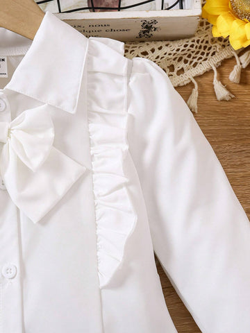 White Ruffled Bow Tie Asymmetrical Hem Casual Shirt For Young Girls, Suitable For Daily Outings In Autumn And Winter