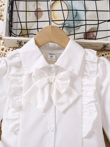 White Ruffled Bow Tie Asymmetrical Hem Casual Shirt For Young Girls, Suitable For Daily Outings In Autumn And Winter