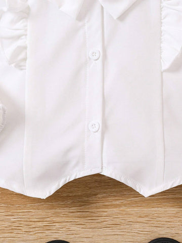 White Ruffled Bow Tie Asymmetrical Hem Casual Shirt For Young Girls, Suitable For Daily Outings In Autumn And Winter