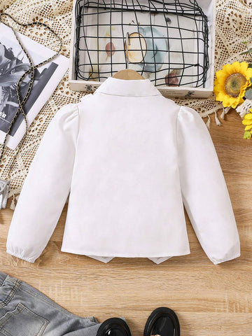 White Ruffled Bow Tie Asymmetrical Hem Casual Shirt For Young Girls, Suitable For Daily Outings In Autumn And Winter