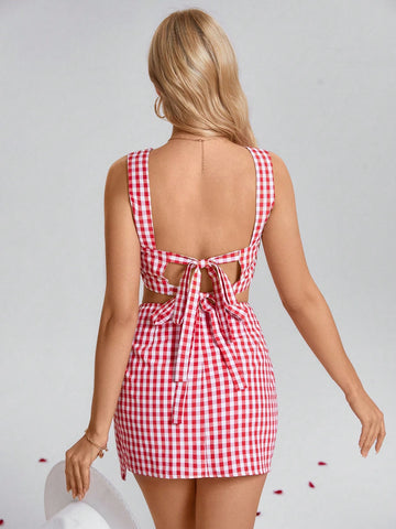 2pcs Women Red & White Plaid Tie-Up Camisole And Twisted Hem Mini Skirt Set,Valentine Day