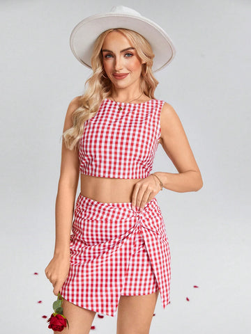 2pcs Women Red & White Plaid Tie-Up Camisole And Twisted Hem Mini Skirt Set,Valentine Day