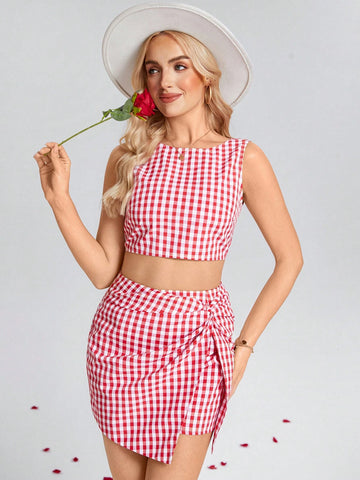 2pcs Women Red & White Plaid Tie-Up Camisole And Twisted Hem Mini Skirt Set,Valentine Day