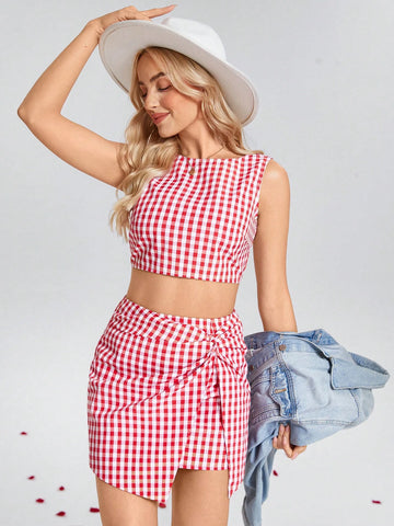 2pcs Women Red & White Plaid Tie-Up Camisole And Twisted Hem Mini Skirt Set,Valentine Day
