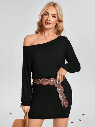 Black Oversized Drop Shoulder Valentine's Date Short Dress For Women