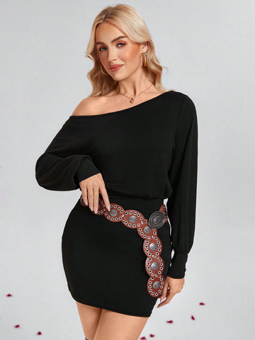 Black Oversized Drop Shoulder Valentine's Date Short Dress For Women