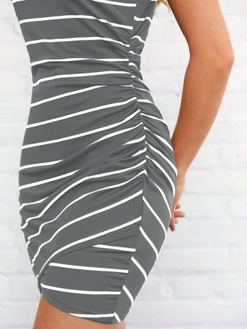 Holiday Dress Women Striped Round Neck Short Sleeve Casual Short Dress