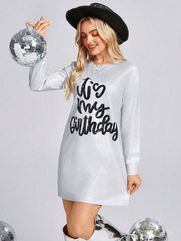 Silver Sequins Embroidered Party Dress, Casual Fit Regular Style, Long Sleeve Essential For