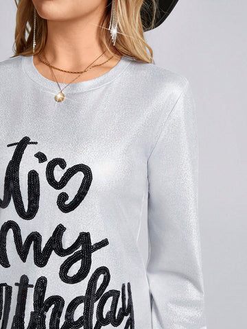 Silver Sequins Embroidered Party Dress, Casual Fit Regular Style, Long Sleeve Essential For